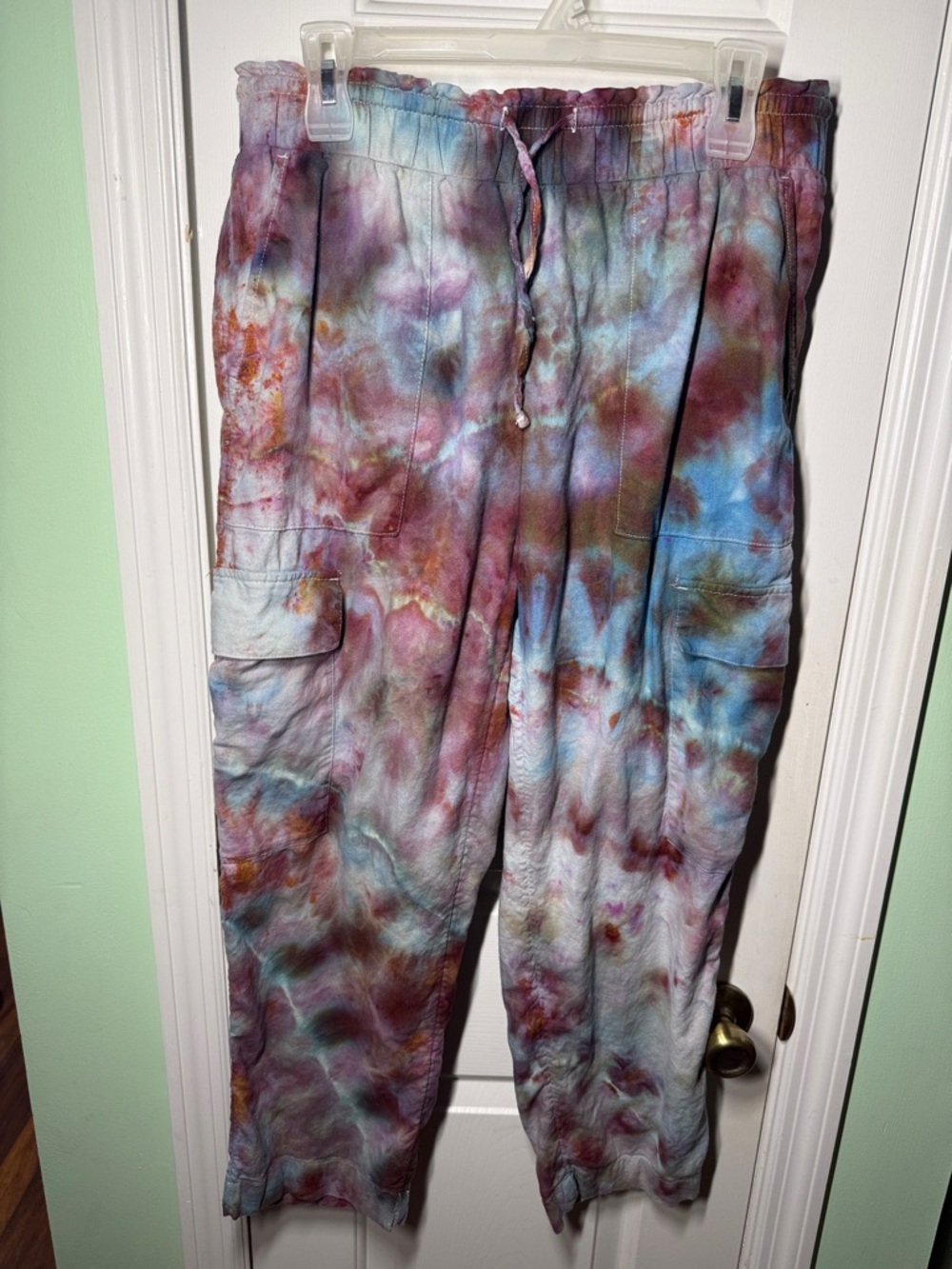 Ice Dyed Tie-Dye Cargo Linen Blend Crop Pants Hippie Hand Dyed Size M/L